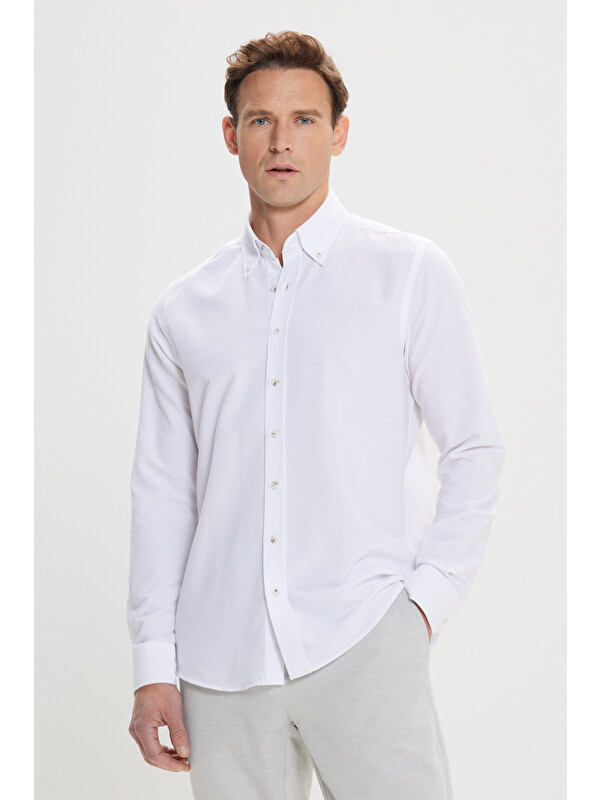 AC&Co / Altınyıldız Classics Erkek Beyaz Slim Fit Dar Kesim Düğmeli Yaka Pamuklu Oxford Gömlek