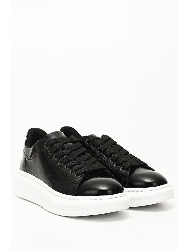 AÇIK SİYAH Hakiki Deri Yuvarlak Burun Dolgu Taban Bağcıklı Kadın Sneaker 24283 - Görsel 3