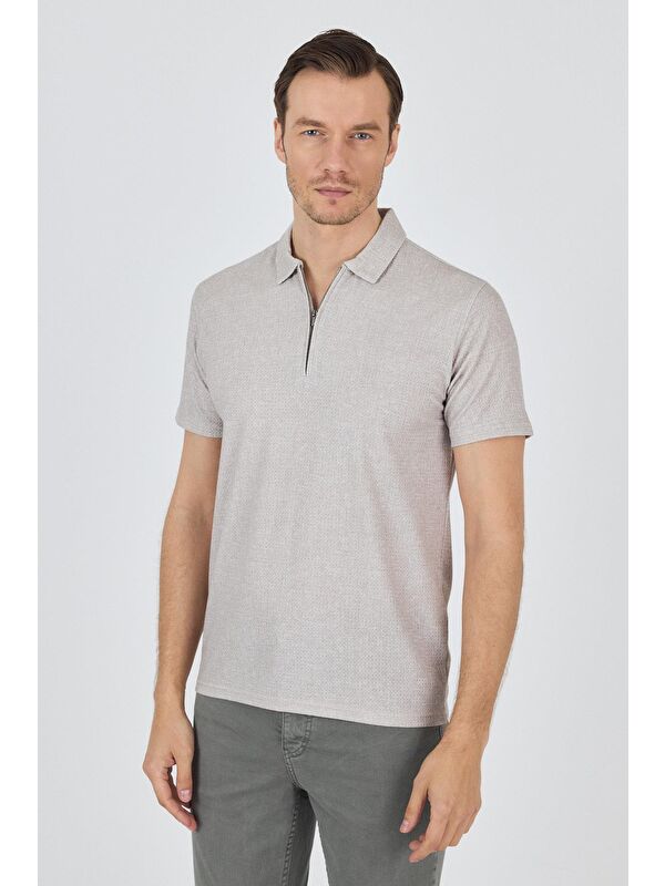 İMZA Bej Polo Yaka Kısa Kol Cepsiz Slim Fit Classic Tişört 1011250176