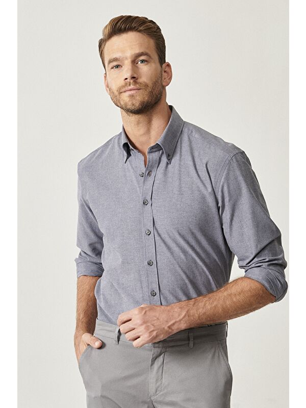 AC&Co / Altınyıldız Classics Erkek Antrasit Slim Fit Dar Kesim Düğmeli Yaka Pamuklu Oxford Gömlek