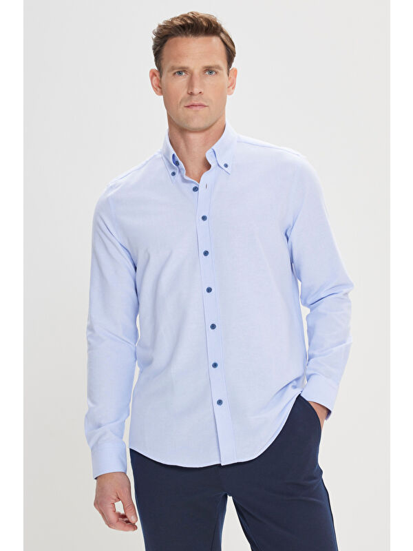 AC&Co / Altınyıldız Classics Erkek Açık Mavi Slim Fit Dar Kesim Düğmeli Yaka Pamuklu Oxford Gömlek
