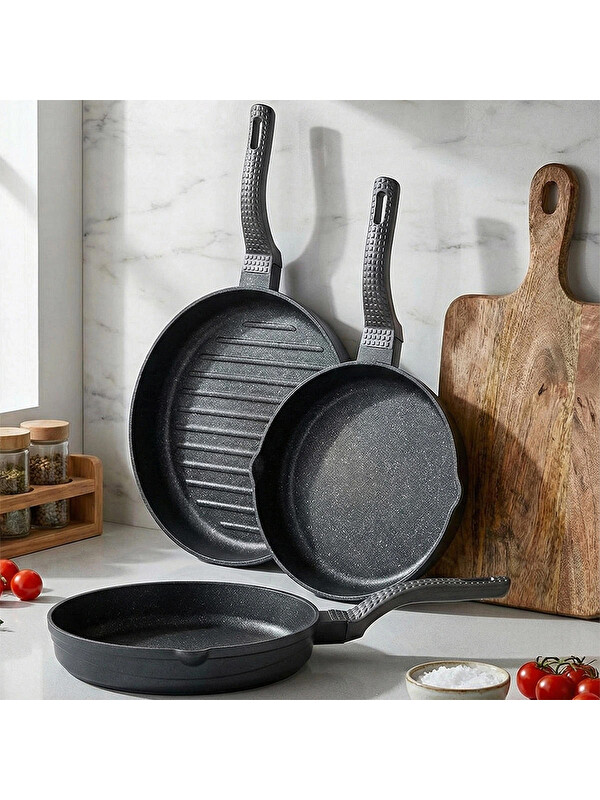OMS 3738 Biogranit Döküm Grill Ergonomik Saplı 3 Parça Tava Seti Gri 20-24-28cm