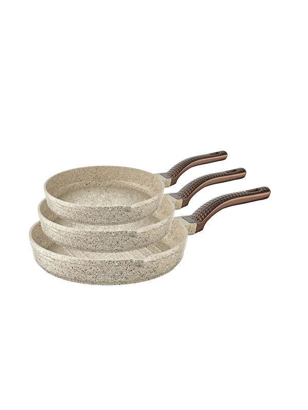 OMS 3738 Biogranit Döküm Grill Ergonomik Saplı 3 Parça Tava Seti Kum Beji 20-24-28cm