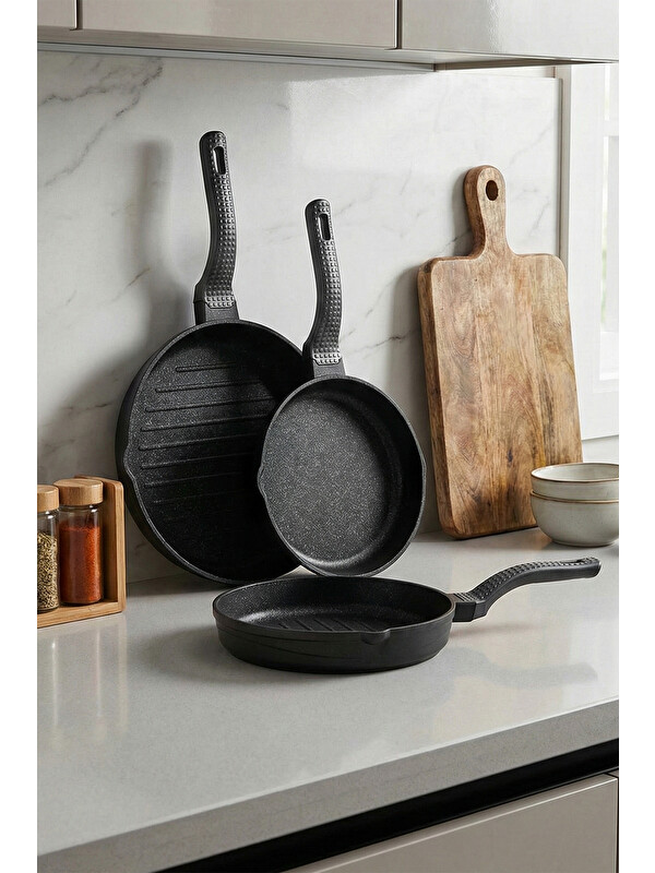 OMS 3738 Biogranit Döküm Grill Ergonomik Saplı 3 Parça Tava Seti Siyah 20-24-28cm