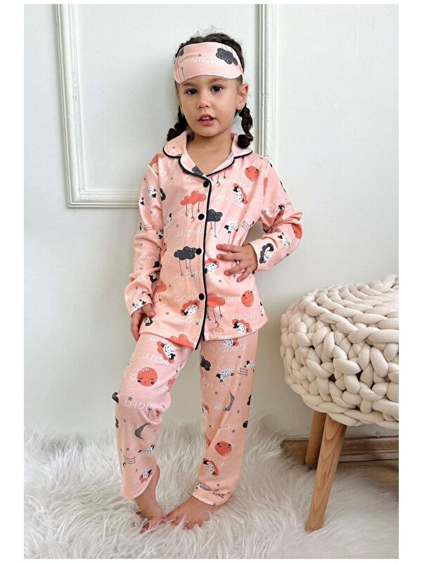 My Kids Wear Bulut Baskılı Göz Bantlı Önden Düğmeli 2İplik Kız Çocuk Pijama Takımı