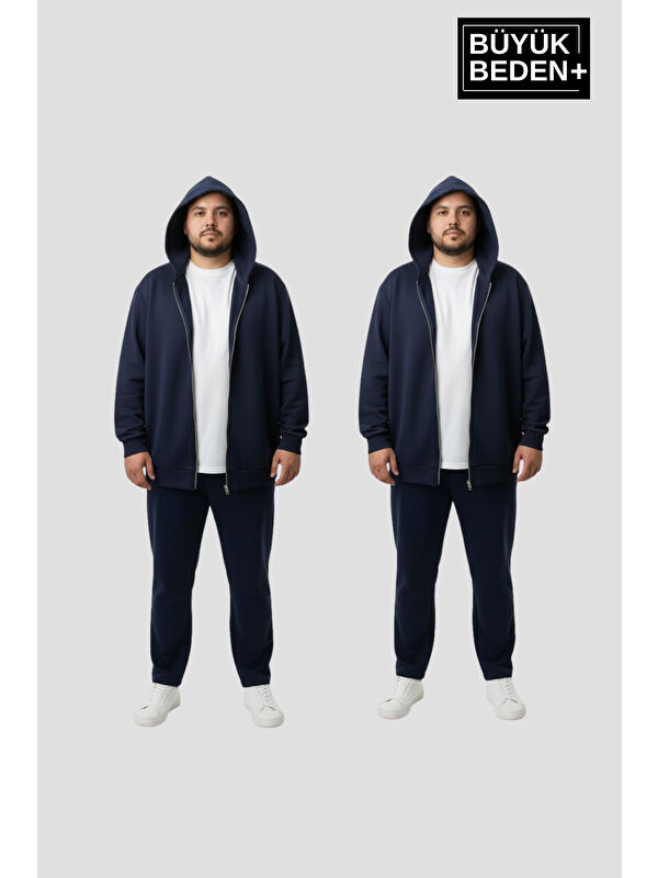 Süperlife Büyük Beden Kapüşonlu 2'li Set ince Erkek Fermuarlı Sweatshirt Hırka Rahat Kalıp SPR26BHR960+2