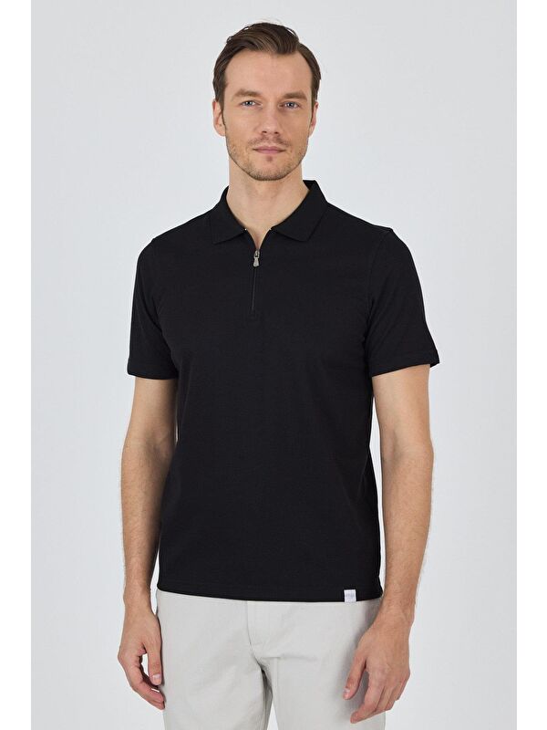 İMZA Siyah Kısa Kol Düz Suprem Polo Yaka Cepsiz Pamuklu Casual Slim Fit Tişört 1011250164_001
