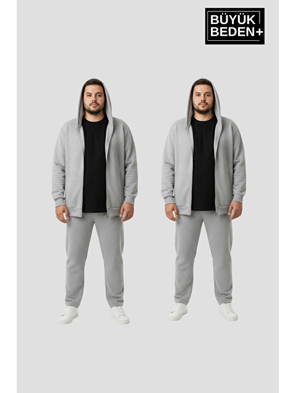 Süperlife Büyük Beden Kapüşonlu 2'li Set ince Erkek Fermuarlı Sweatshirt Hırka Rahat Kalıp SPR26BHR960+2