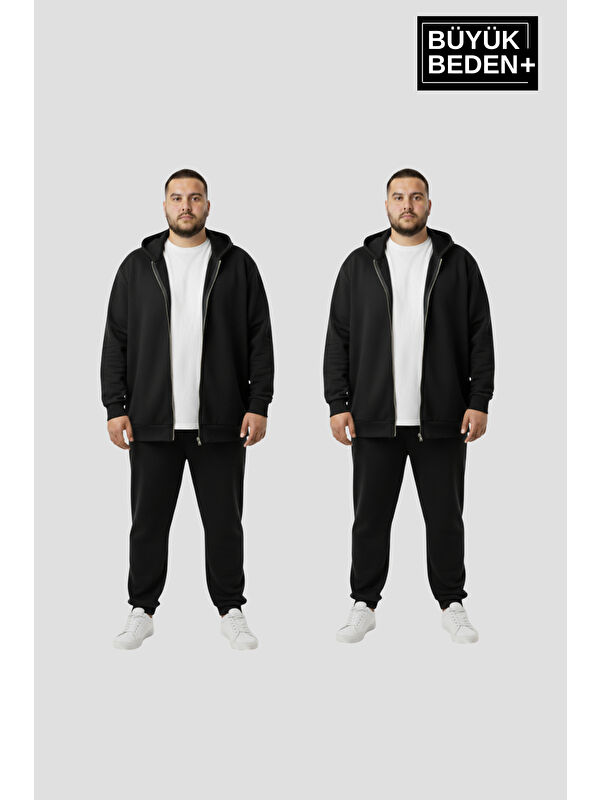 Süperlife Büyük Beden Kapüşonlu 2'li Set ince Erkek Fermuarlı Sweatshirt Hırka Rahat Kalıp SPR26BHR960+2