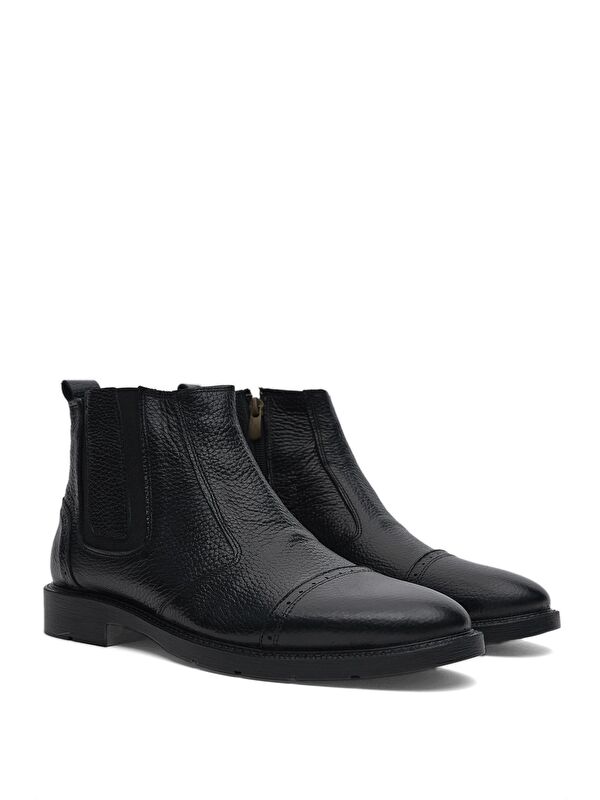 Erkek Siyah Rahat Kalıp Detaylı Uzun Hakiki Deri Bot - Görsel 3