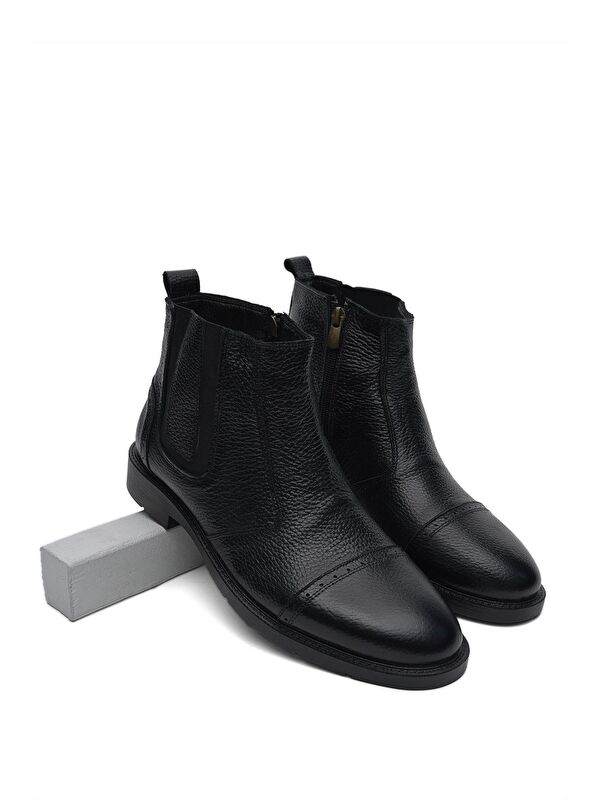 Erkek Siyah Rahat Kalıp Detaylı Uzun Hakiki Deri Bot - Görsel 5