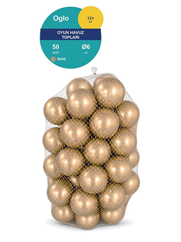 Oglo Gold Havuz Topu 50 Adet — Yumuşak Oyun Havuzu Topları, Filede 1+ Yaş