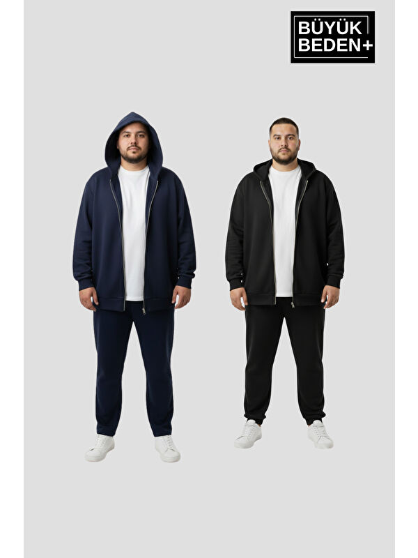 Süperlife Büyük Beden Kapüşonlu 2'li Set ince Erkek Fermuarlı Sweatshirt Hırka Rahat Kalıp SPR26BHR960+2