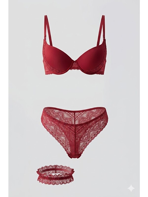 C&City Push-Up Dolgulu Bacak Bantlı Sütyen Takım C14155 Bordo