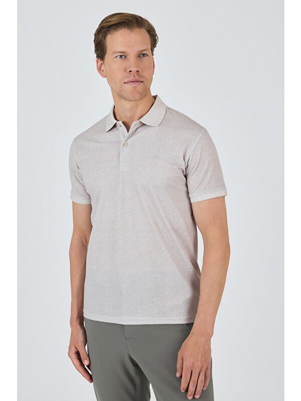 İMZA Bej Kısa Kol Baskılı Pike Polo Yaka Cepsiz Esnek Casual Slim Fit Tişört 1011250153
