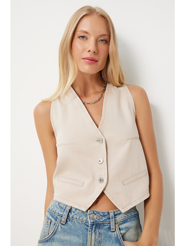 Happiness İstanbul V Yaka Crop Denim Yelek BEJ LYL0002
