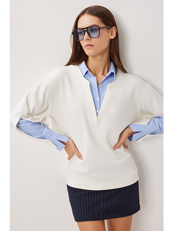 Happiness İstanbul Gömlek Yaka Modal Sweatshirt KEMİK LXA0018