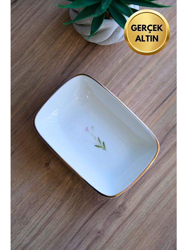 TABAK EVİ Porselen Natura Çuha Altın Yaldızlı Dikdörtgen Kayık Tabak 14X9,8cm Tekli