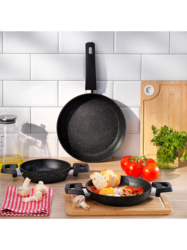 SCHAFER Black Stone 3 lü Tava + Sahan Seti-Siyah