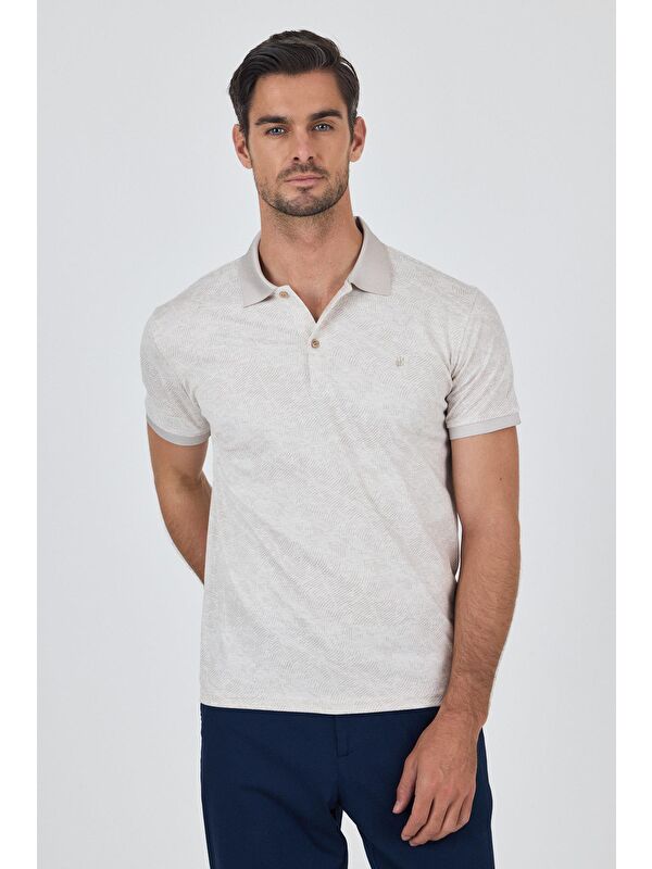 İMZA Açık Bej Kısa Kol Baskılı Pike Polo Yaka Cepsiz Esnek Casual Slim Fit Tişört 1011250152