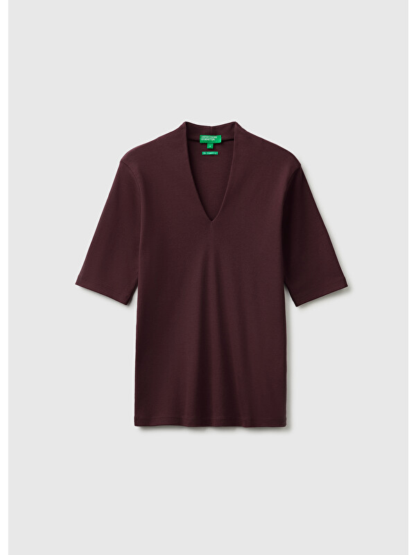 United Colors Of Benetton Kadın Kahverengi %100 Pamuk Yarım Kollu Derin V Yaka T-Shirt