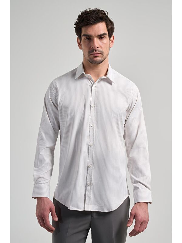 İMZA Beyaz Uzun Kol Desen Yarım İtalyan Yaka Cepsiz Esnek Classic Slim Fit Gömlek 1004245220