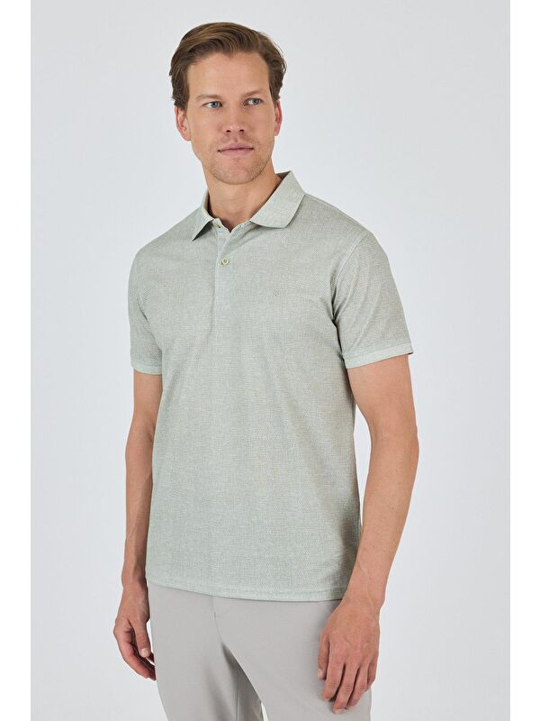 İMZA Açık Yeşil Kısa Kol Baskılı Pike Polo Yaka Cepsiz Esnek Casual Slim Fit Tişört 1011250153
