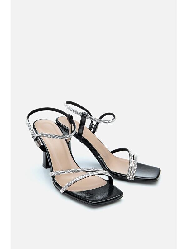 Kadın Siyah Taşlı Topuklu Sandalet - Görsel 3