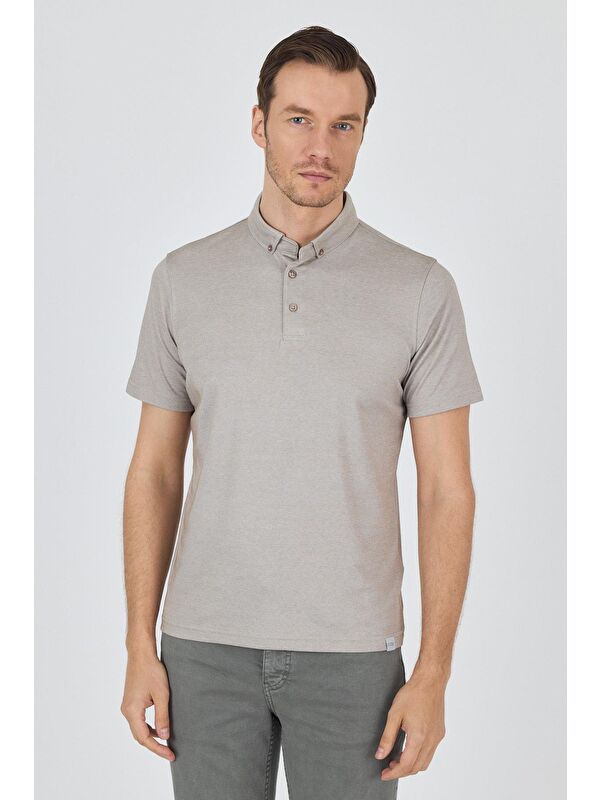 İMZA Bej Kısa Kol Düz Suprem Polo Yaka Cepsiz Pamuklu Casual Slim Fit Büyük Beden Tişört 1011250160_605