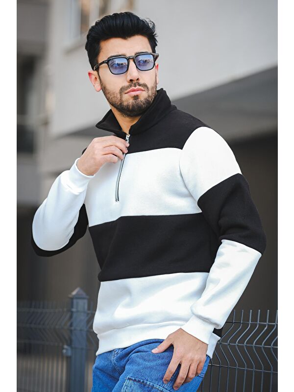 Oksit Üç İplik Şardonlu Parçalı  Dik Yaka Slim Fit Erkek Fermuarlı Sweatshirt Hırka