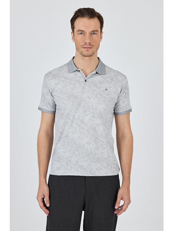 İMZA Gri Kısa Kol Baskılı Pike Polo Yaka Cepsiz Esnek Casual Slim Fit Tişört 1011250152