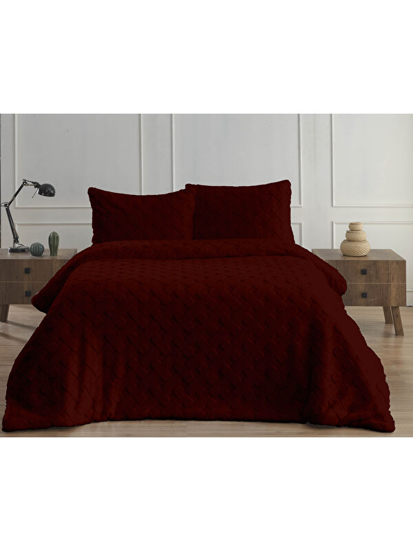 Merinos Dıamond 3 Parça Pietra Kürk Comforter Set Bordo BORDO