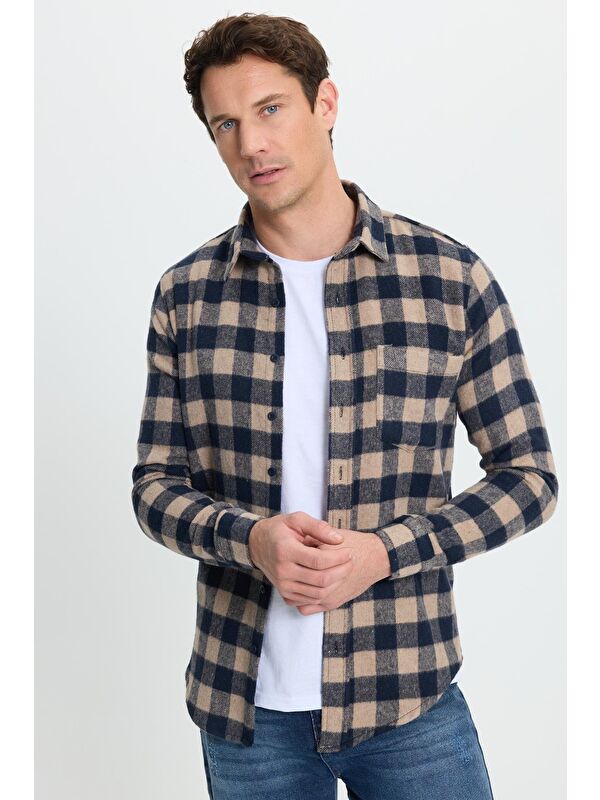 TUDORS Erkek Slim Fit Dar Kesim Uzun Kollu Cepli Kareli Dama Desenli Kışlık Oduncu Gömlek