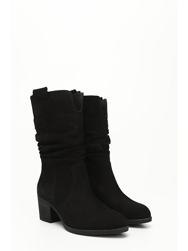 KOYU SİYAH Hakiki Deri Topuklu Körüklü Kadın Günlük Çizme 47531 - Görsel 3