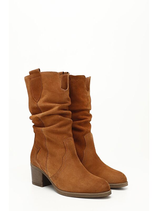 TABA KAHVE MEL. Hakiki Deri Topuklu Körüklü Kadın Günlük Çizme 47531 - Görsel 3