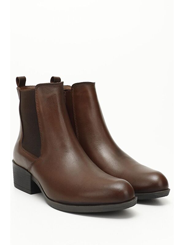 KAHVE MELANJ Hakiki Deri Kauçuk Taban Topuklu Lastikli Kadın Chelsea Bot 52488 - Görsel 3