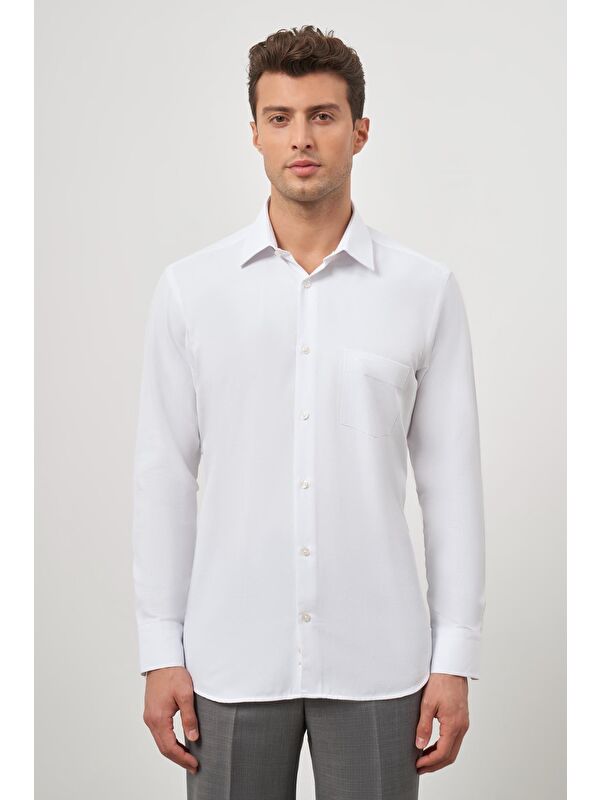 İMZA Beyaz Uzun Kol  Armürlü 041 Sert Yaka Classic Comfort Fit Gömlek 1004245154