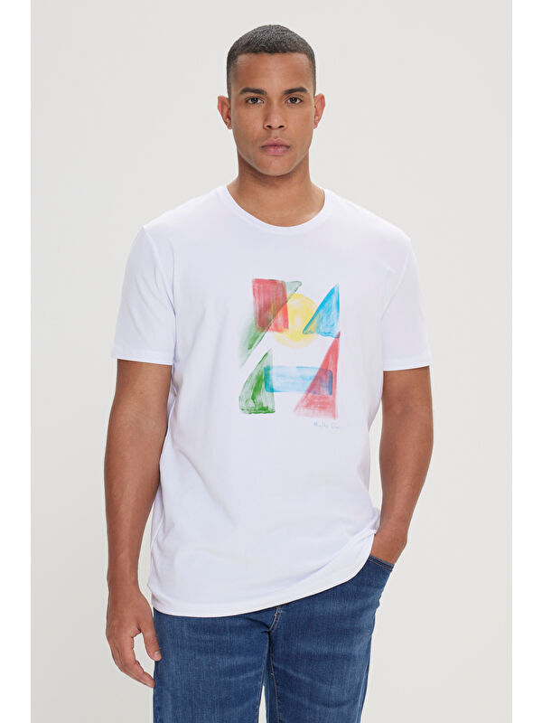 Altınyıldız Classics Erkek Beyaz Slim Fit Dar Kesim Pamuklu Baskılı Bisiklet Yaka Tişört