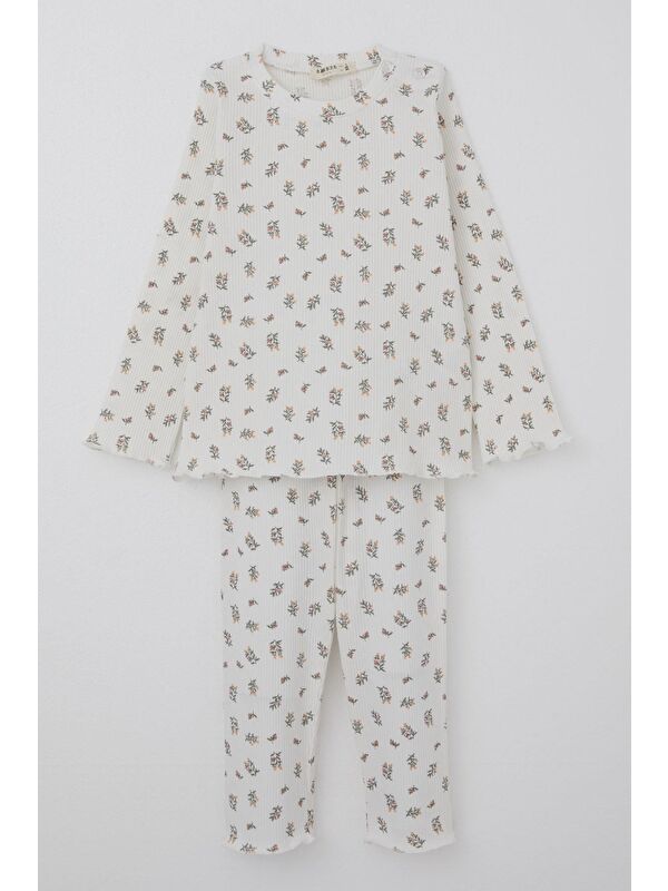 Breeze Kız Bebek Pijama Takımı Çiçek Desenli Omuzu Düğmeli Ekru (9 Ay-3 Yaş)