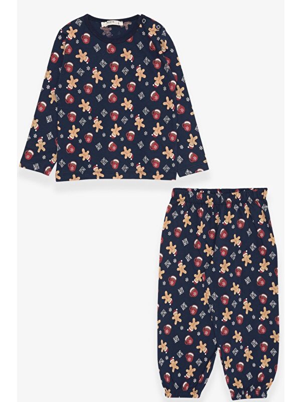 Breeze Erkek Bebek Pijama Takımı Kurabiye Desenli Lacivert (9 Ay)