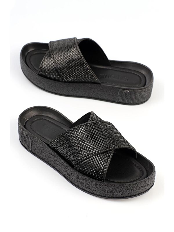 Çapraz Taşlı Bantlı Taşlı Detaylı Dolgu Topuk Kadın Terlik - Görsel 4