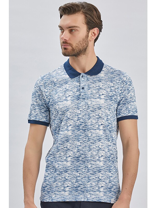 İMZA Lacivert Baskılı Pike Polo Yaka Garnili %100 Pamuk Casual Slim Fit Dar Kesim Tişört 1011240157