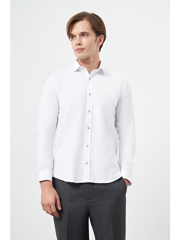 İMZA Beyaz Uzun Kol Düz Bez Ayağı Yarım İtalyan Yaka Cepsiz Pamuklu Classic Slim Fit Gömlek 1004245211