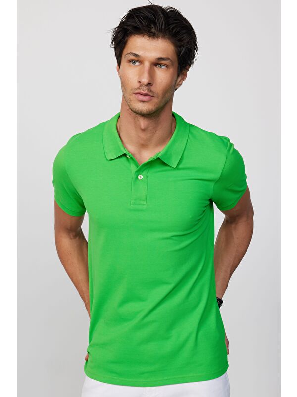 TUDORS Erkek Slim Fit Dar Kesim %100 Pamuk Düz Pike Yeşil Polo Yaka Tişört