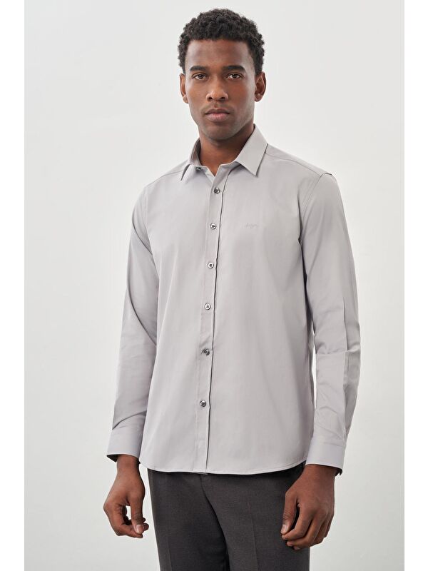 İMZA Gri Uzun Kollu Sert Yaka Cepsiz Pamuklu Elastanlı Klasik Slim Fit Dar Kesim Gömlek 1004245234