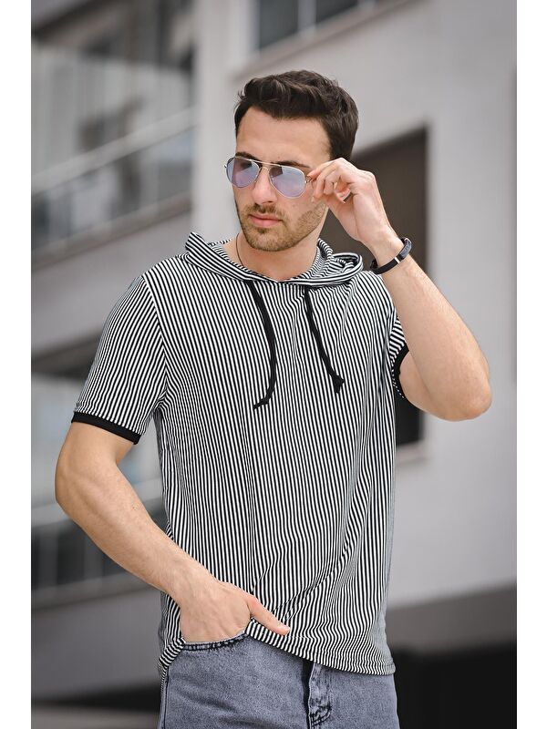 Oksit Çizgili Slim Fit Kapüşonlu Erkek Tişört