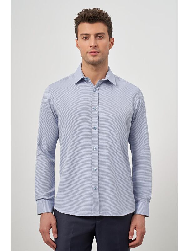 İMZA Koyu Mavi Uzun Kol Kendinden Armürlü Cepsiz Pamuklu Classic Slim Fit Gömlek 1004245161