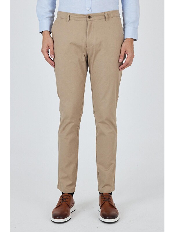 İMZA Bej Armürlü Yan Cep Düz Paça Slim Fit Pamuklu Casual  Chino Pantolon 1003250120
