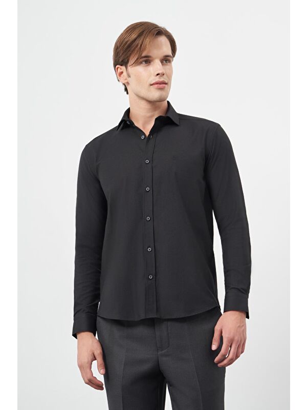 İMZA Siyah Uzun Kol Düz Bez Ayağı Yarım İtalyan Yaka Cepsiz Pamuklu Classic Slim Fit Gömlek 1004245211