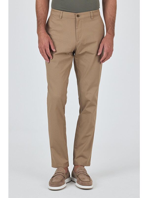İMZA Koyu Vizon Armürlü Yan Cep Düz Paça Slim Fit Pamuklu Casual Chino Pantolon 1003250120